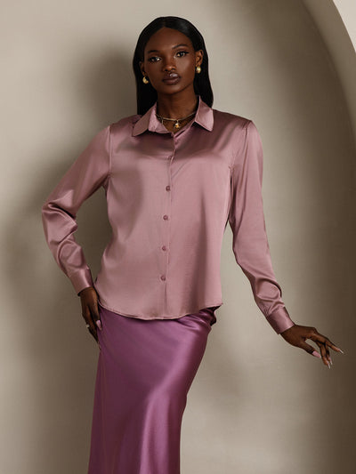 19Momme Silk Long Sleeve Lapel Collar Women's Shirt with Button Up Design