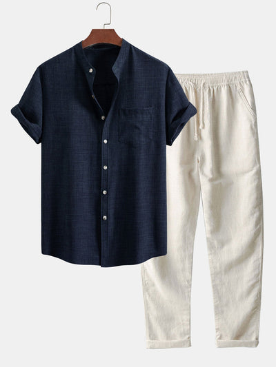 Short-Sleeve Stand Collar Top & Linen Straight-Legs