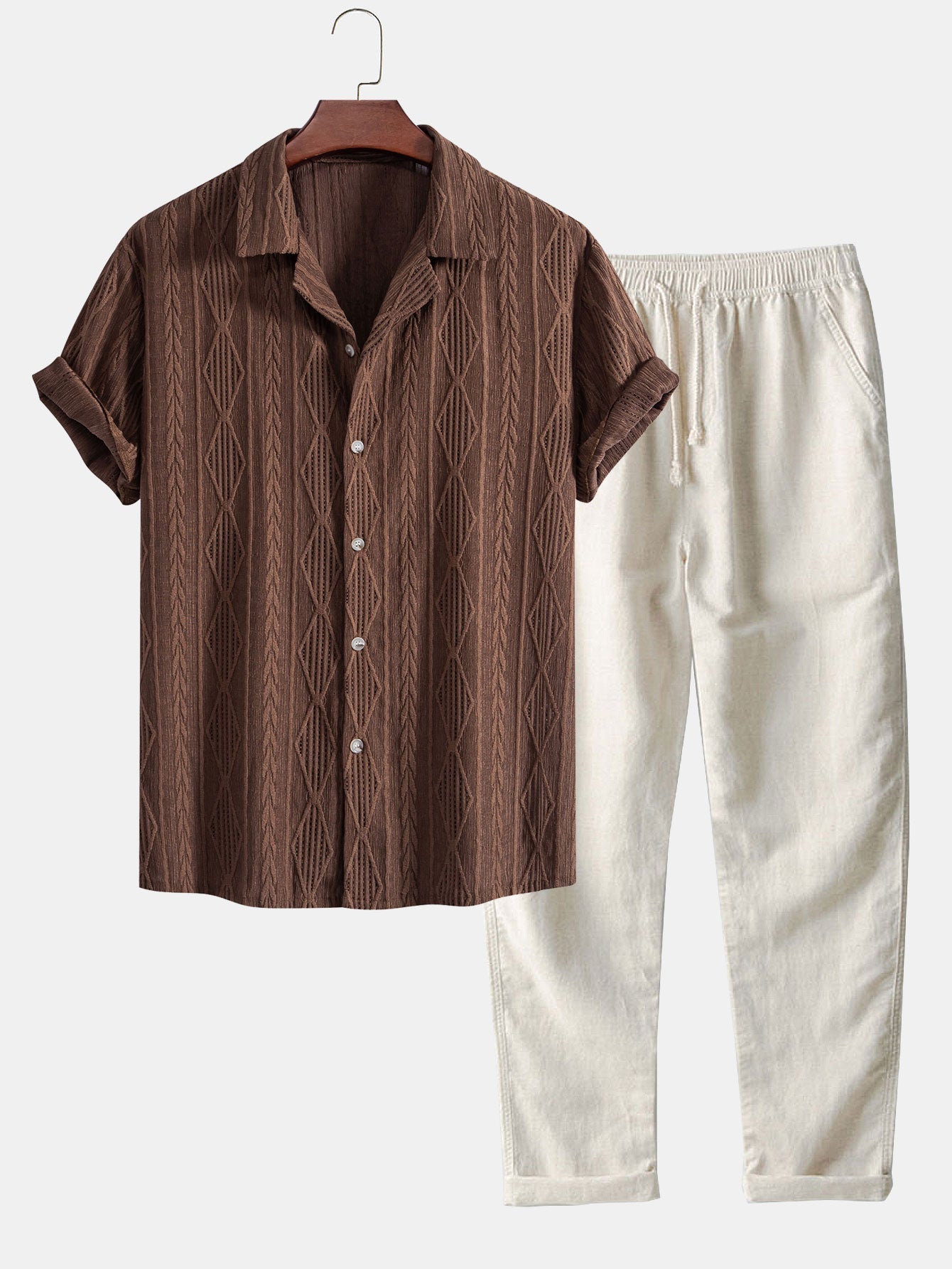 Geometric Jacquard Cuban Shirt Paired with Straight-Leg Linen Pants