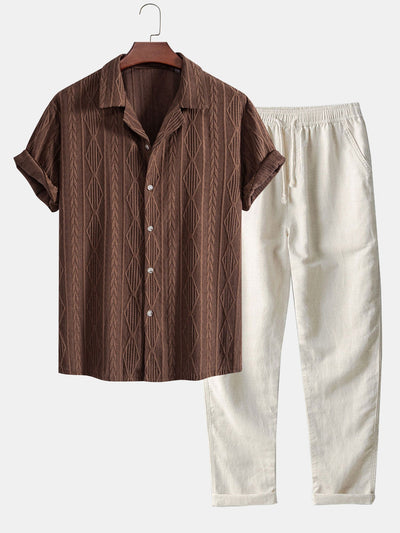 Geometric Jacquard Cuban Shirt Paired with Straight-Leg Linen Pants