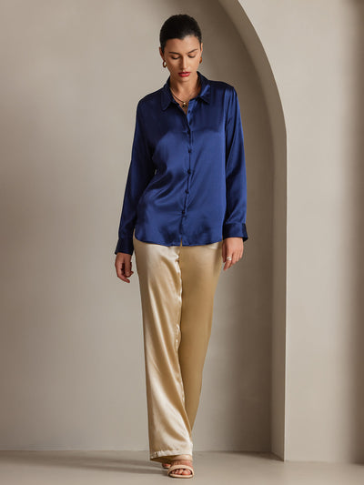 19Momme Silk Long Sleeve Lapel Collar Women's Shirt with Button Up Design