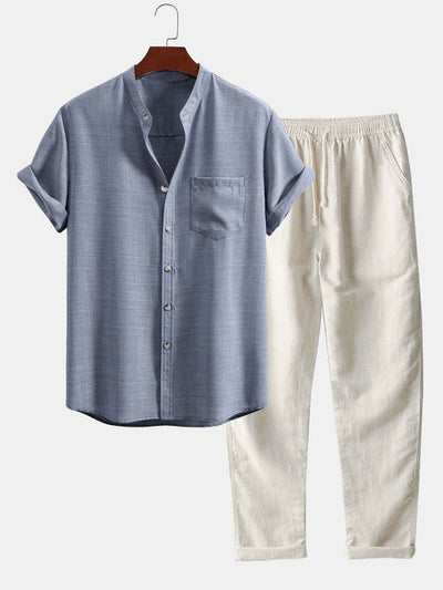 Short-Sleeve Stand Collar Top & Linen Straight-Legs