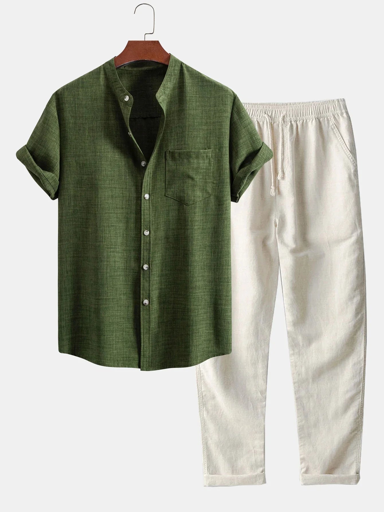 Short-Sleeve Stand Collar Top & Linen Straight-Legs