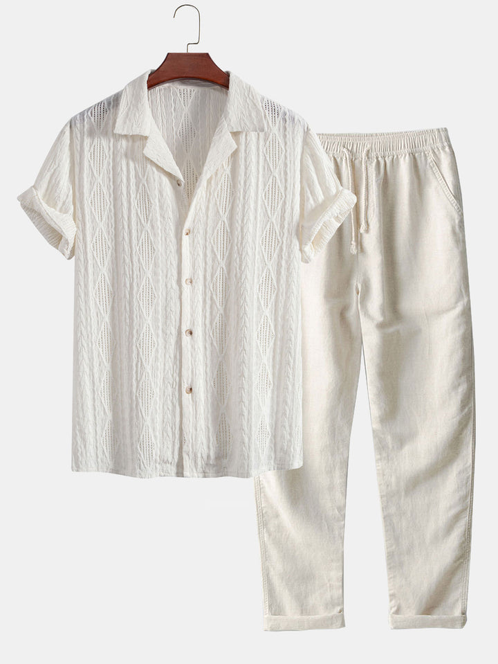 Geometric Jacquard Cuban Shirt Paired with Straight-Leg Linen Pants