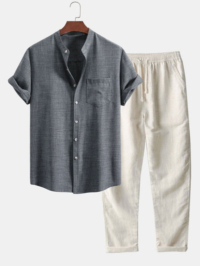 Short-Sleeve Stand Collar Top & Linen Straight-Legs