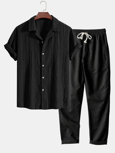 Geometric Jacquard Cuban Shirt Paired with Straight-Leg Linen Pants