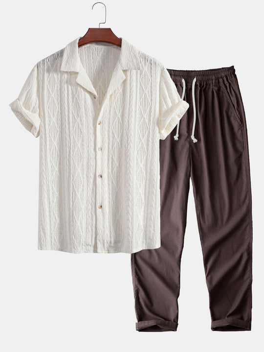 Geometric Jacquard Cuban Shirt Paired with Straight-Leg Linen Pants