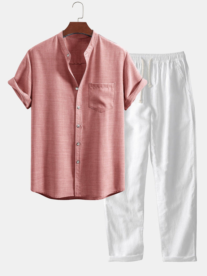 Short-Sleeve Stand Collar Top & Linen Straight-Legs