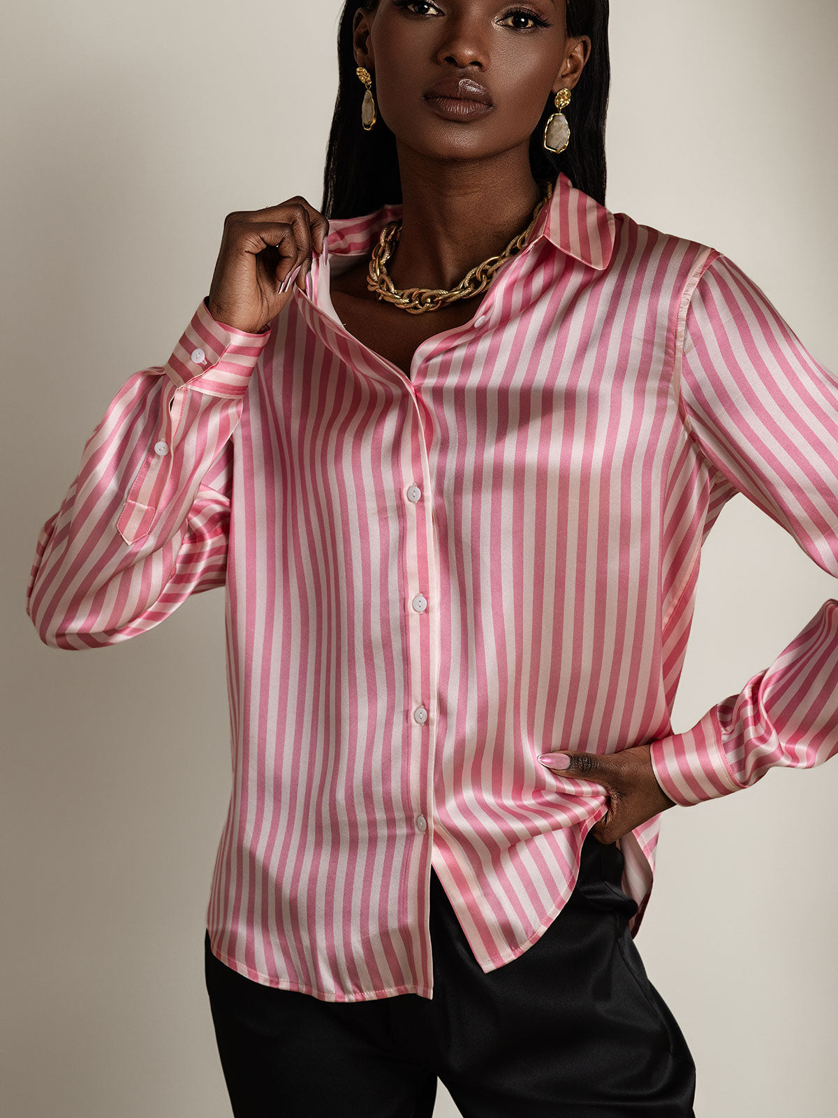 19Momme Silk Long Sleeve Lapel Collar Women's Shirt with Button Up Design