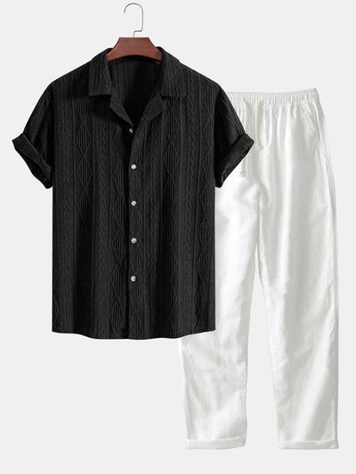 Geometric Jacquard Cuban Shirt Paired with Straight-Leg Linen Pants