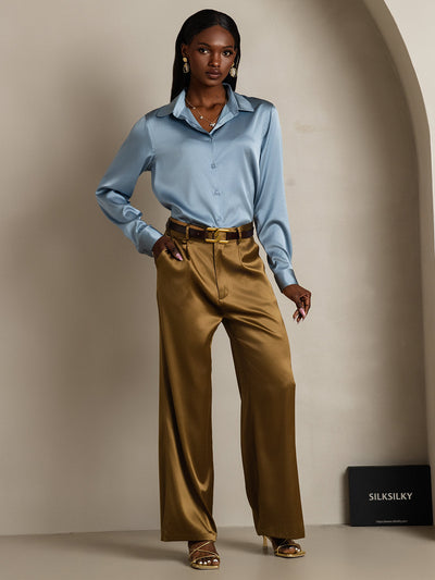 19Momme Silk Long Sleeve Lapel Collar Women's Shirt with Button Up Design