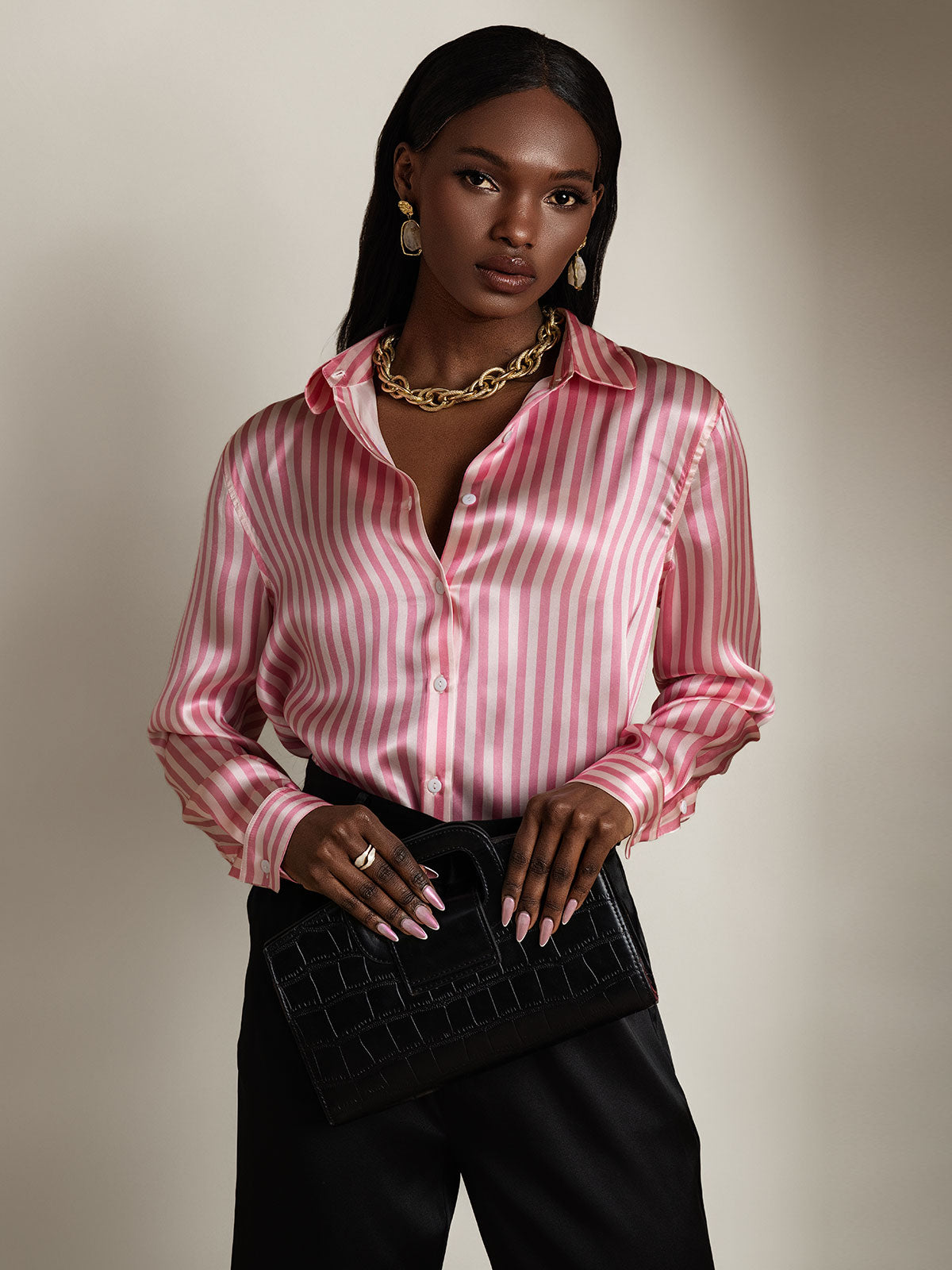 19Momme Silk Long Sleeve Lapel Collar Women's Shirt with Button Up Design