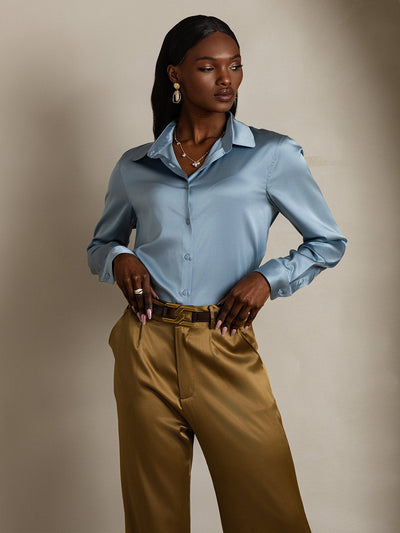 19Momme Silk Long Sleeve Lapel Collar Women's Shirt with Button Up Design