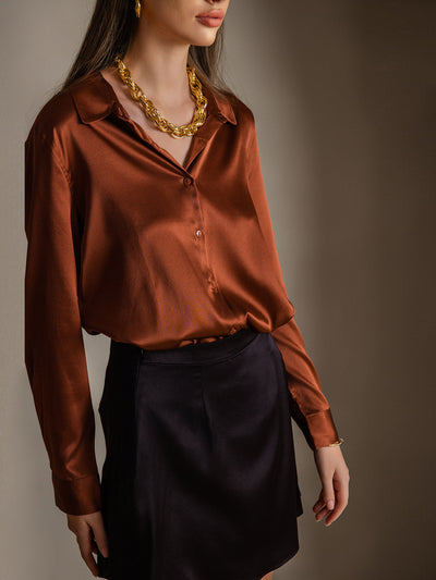 19Momme Silk Long Sleeve Lapel Collar Women's Shirt with Button Up Design