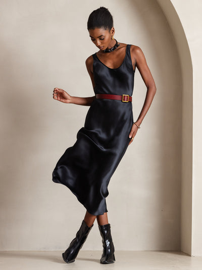 Pure Silk Wide Strap Sleeveless Long Dress