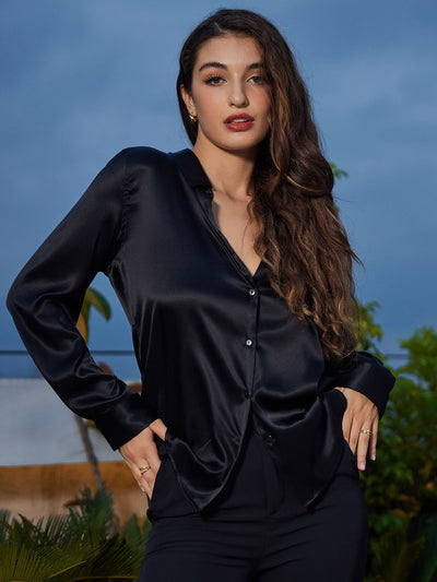 19Momme Silk Long Sleeve Lapel Collar Women's Shirt with Button Up Design