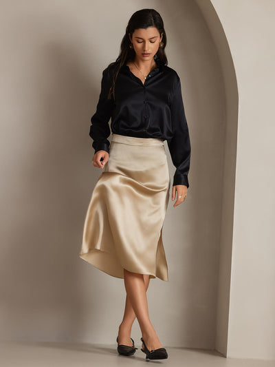 19Momme Silk Long Sleeve Lapel Collar Women's Shirt with Button Up Design