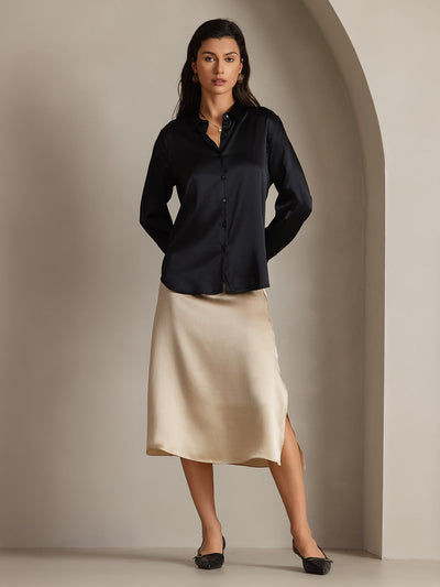 19Momme Silk Long Sleeve Lapel Collar Women's Shirt with Button Up Design