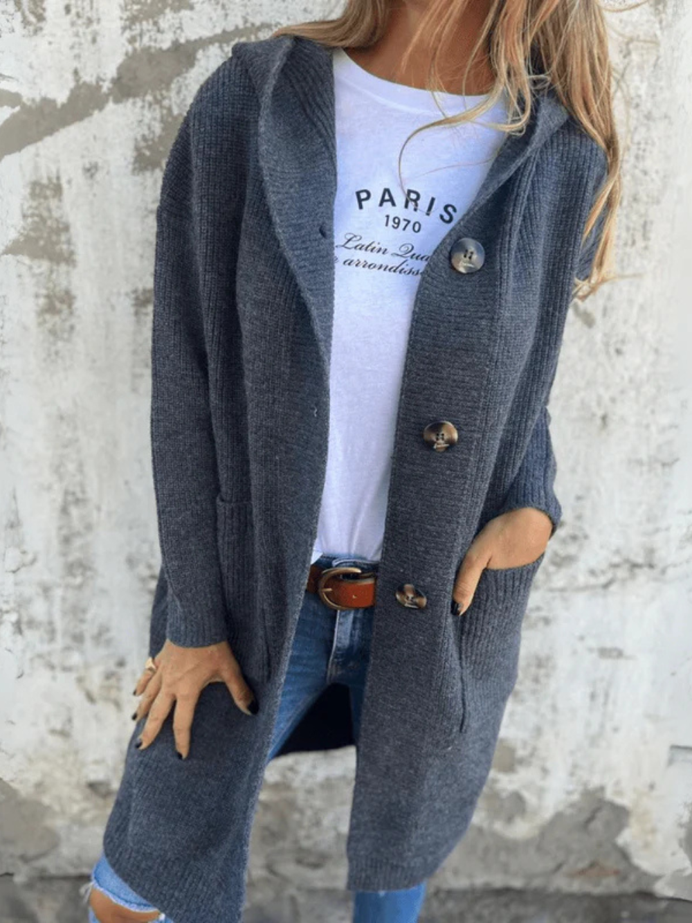 Long Knit Cardigan with Front Buttons