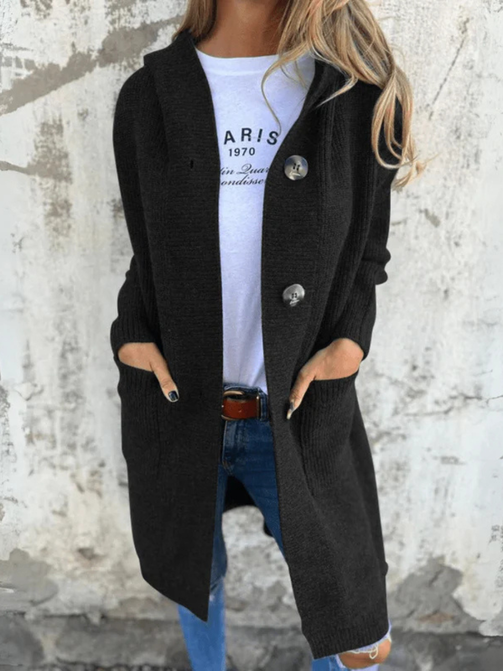 Long Knit Cardigan with Front Buttons