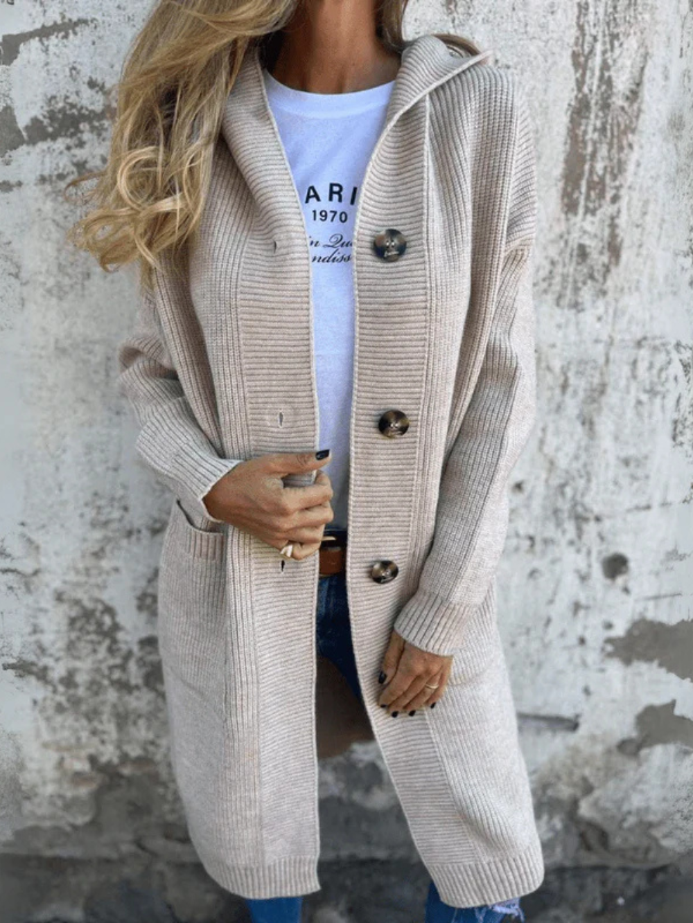 Long Knit Cardigan with Front Buttons