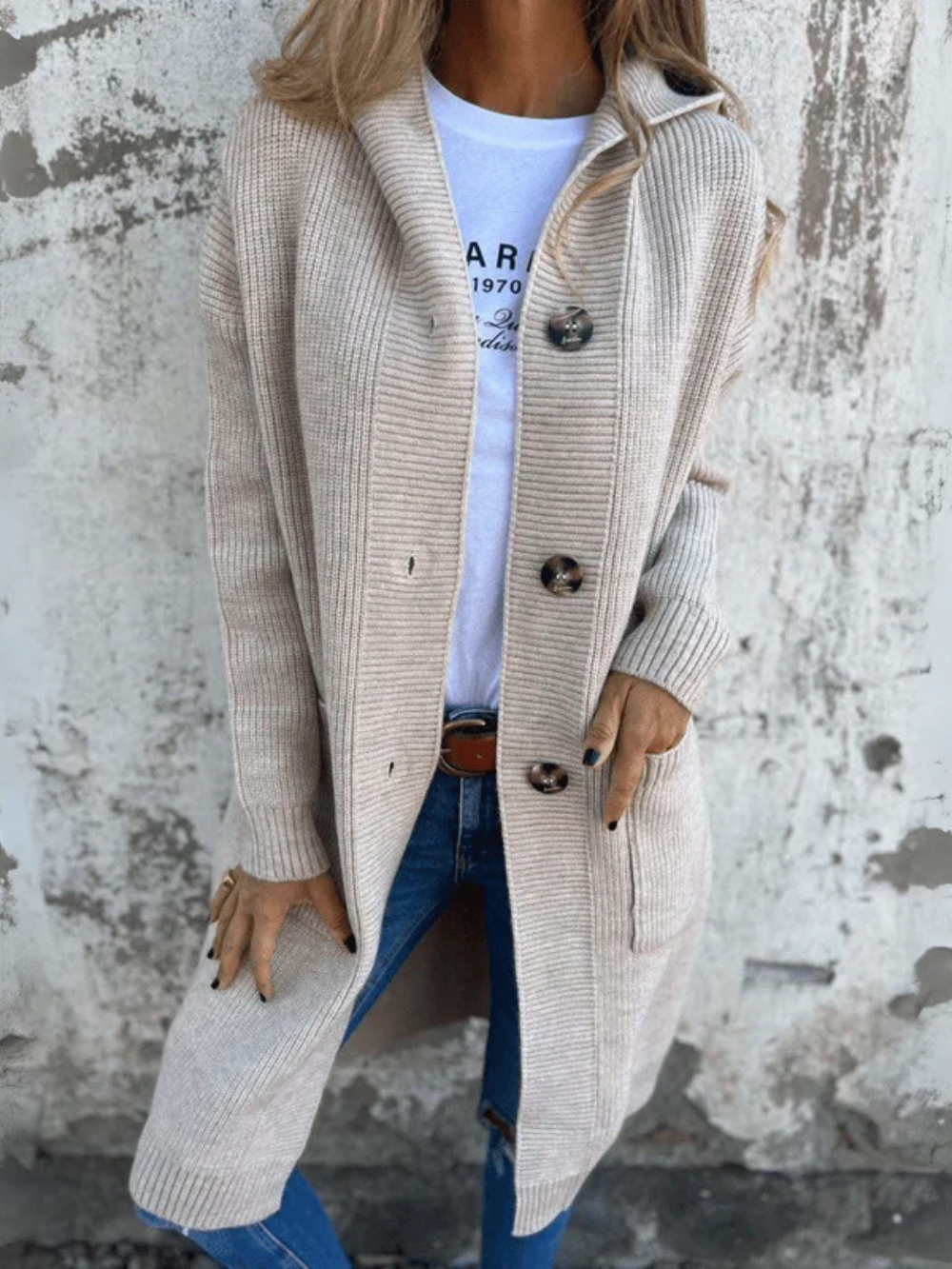 Long Knit Cardigan with Front Buttons