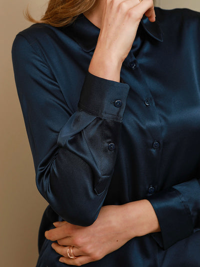 19Momme Silk Long Sleeve Lapel Collar Women's Shirt with Button Up Design