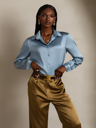 19Momme Silk Long Sleeve Lapel Collar Women's Shirt with Button Up Design