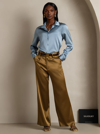 19Momme Silk Long Sleeve Lapel Collar Women's Shirt with Button Up Design