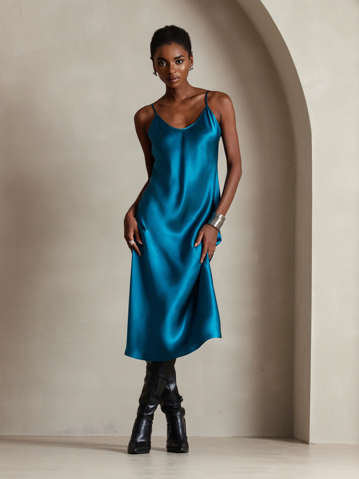 Pure Silk Spaghetti Strap Long Dress