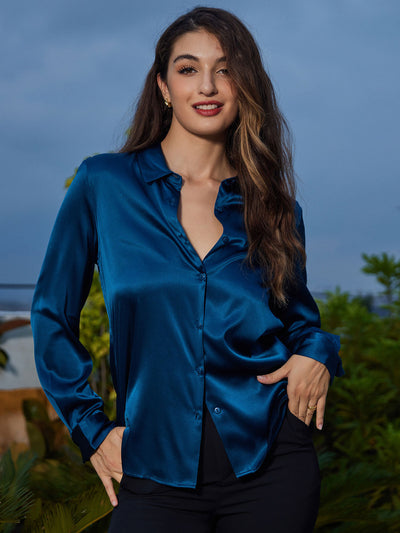 19Momme Silk Long Sleeve Lapel Collar Women's Shirt with Button Up Design