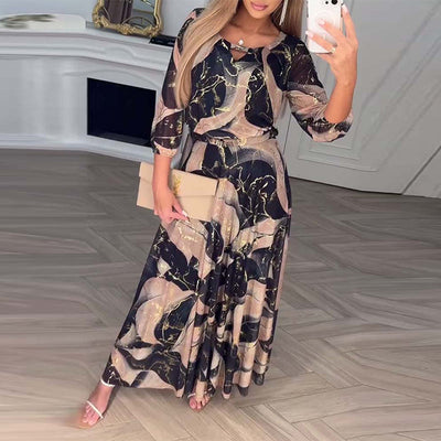 Elegant Three-Quarter Sleeve Printed Waist Dress