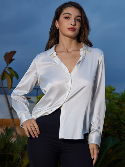 19Momme Silk Long Sleeve Lapel Collar Women's Shirt with Button Up Design