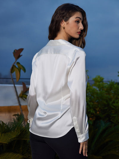 19Momme Silk Long Sleeve Lapel Collar Women's Shirt with Button Up Design