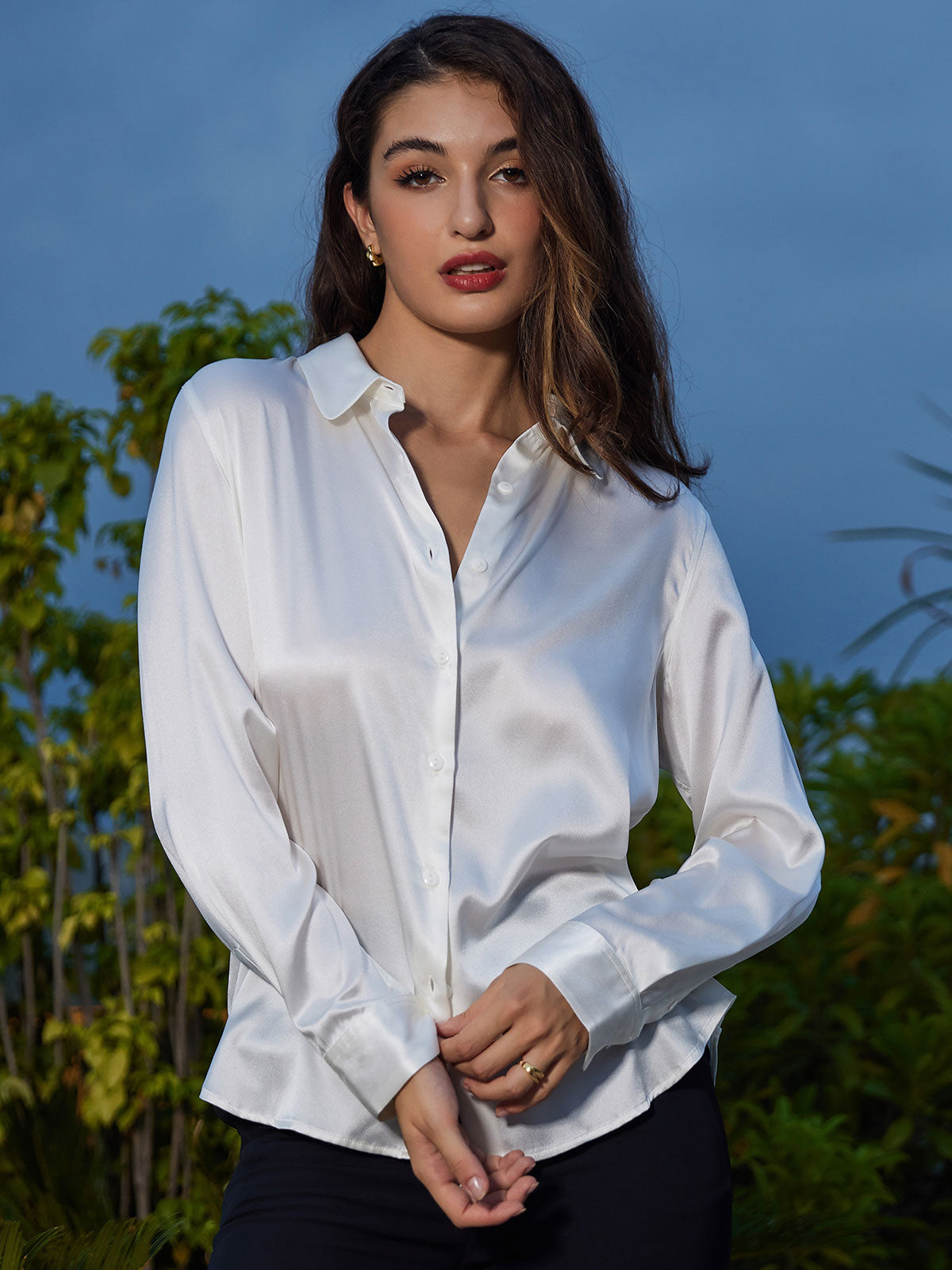 19Momme Silk Long Sleeve Lapel Collar Women's Shirt with Button Up Design