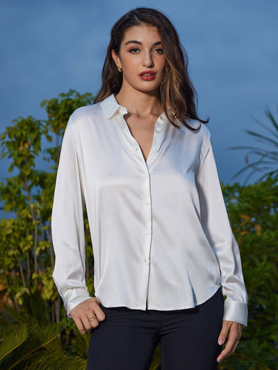 19Momme Silk Long Sleeve Lapel Collar Women's Shirt with Button Up Design