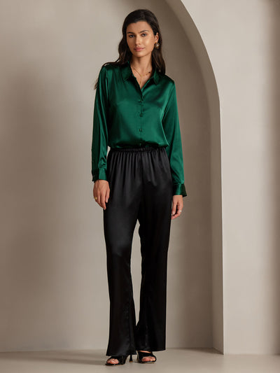 19Momme Silk Long Sleeve Lapel Collar Women's Shirt with Button Up Design