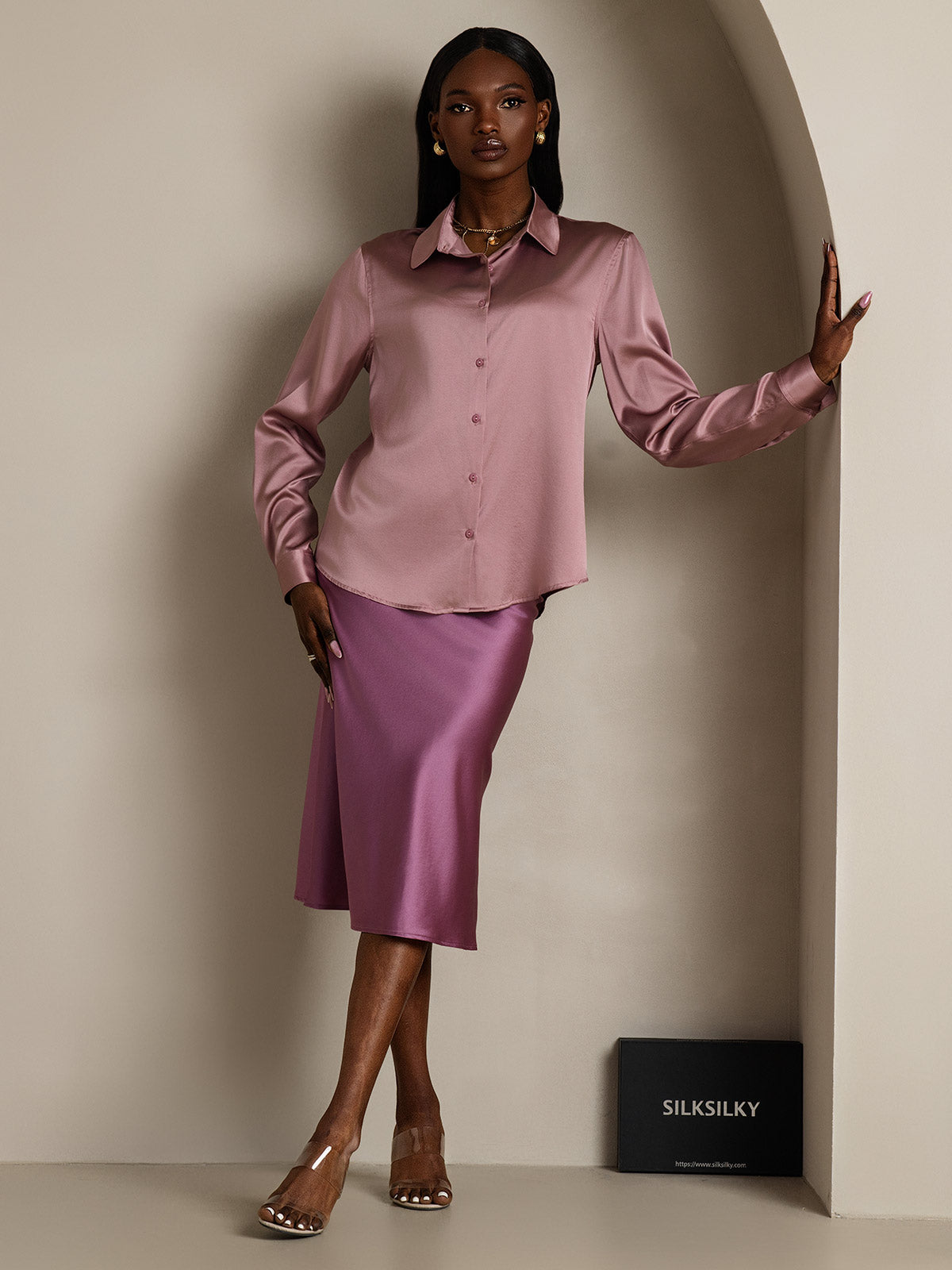 19Momme Silk Long Sleeve Lapel Collar Women's Shirt with Button Up Design