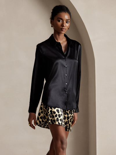 19Momme Silk Long Sleeve Lapel Collar Women's Shirt with Button Up Design
