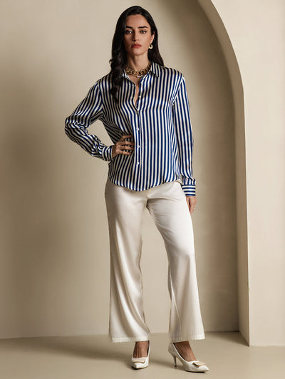 19Momme Silk Long Sleeve Lapel Collar Women's Shirt with Button Up Design