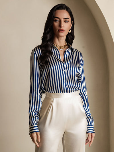 19Momme Silk Long Sleeve Lapel Collar Women's Shirt with Button Up Design