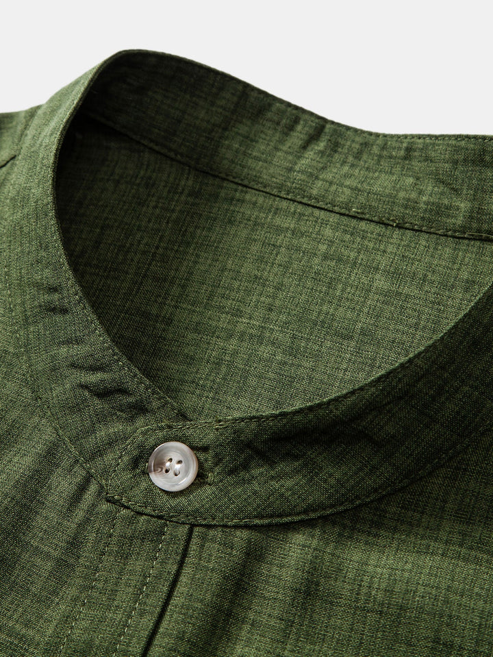 Short-Sleeve Stand Collar Top & Linen Straight-Legs